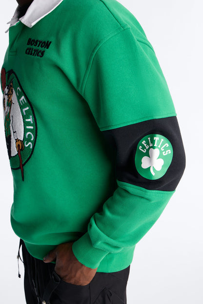 Celtics Long Sleeve Fleece Polo - Kelly Green