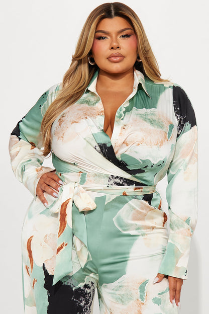 Take Me Away SatinJumpsuit - Green/combo