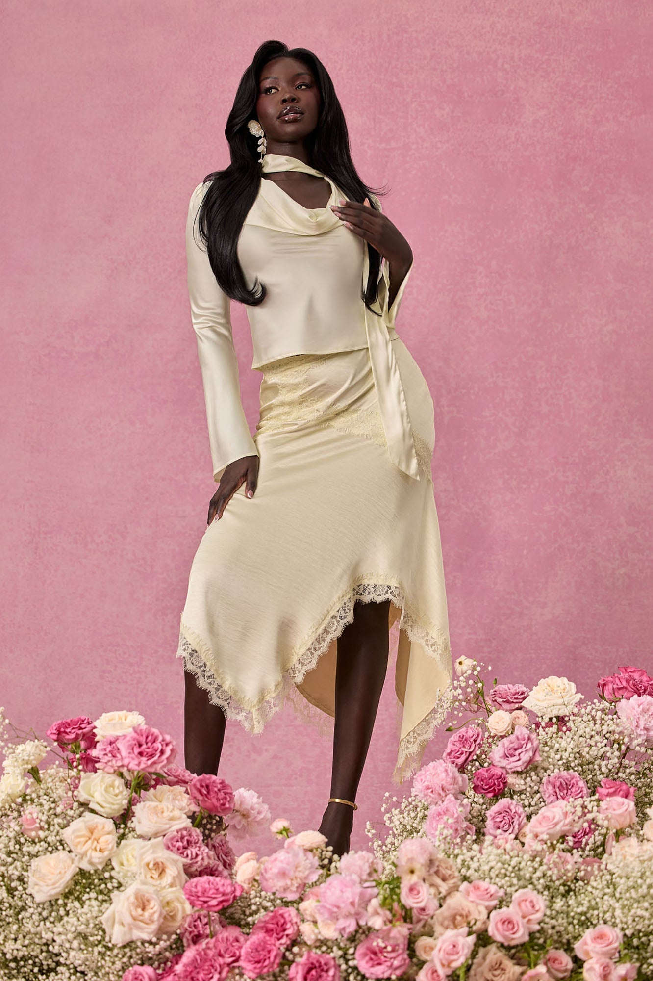 Romance Me Satin Lace Trim Midi Skirt - Off White