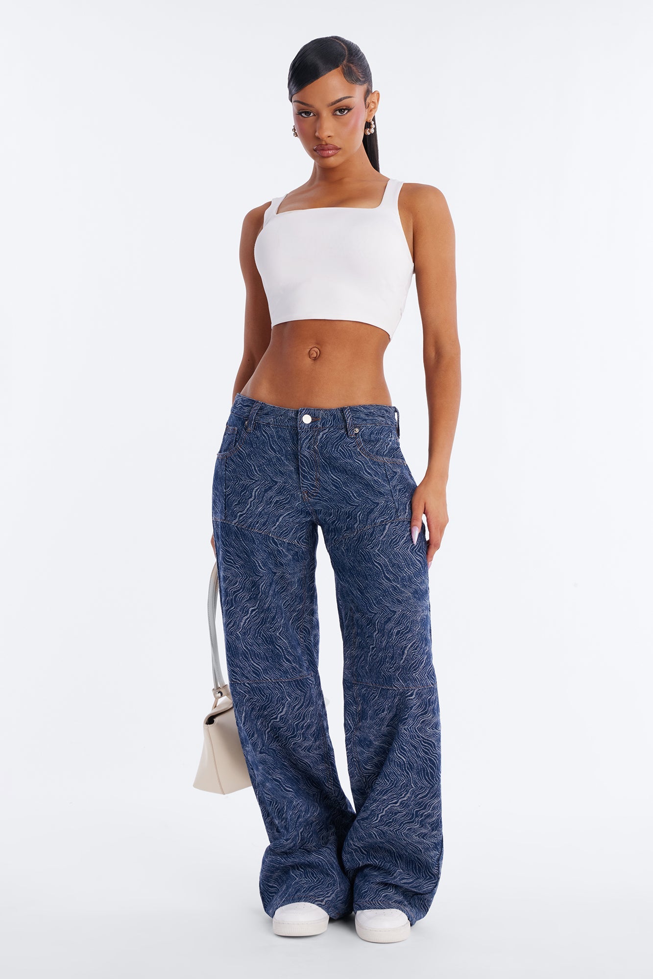 Dreamscape Jacquard Wide Leg Jeans - Dark Denim