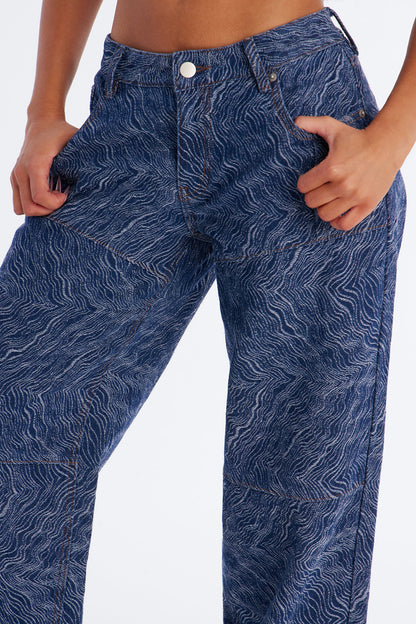 Dreamscape Jacquard Wide Leg Jeans - Dark Denim