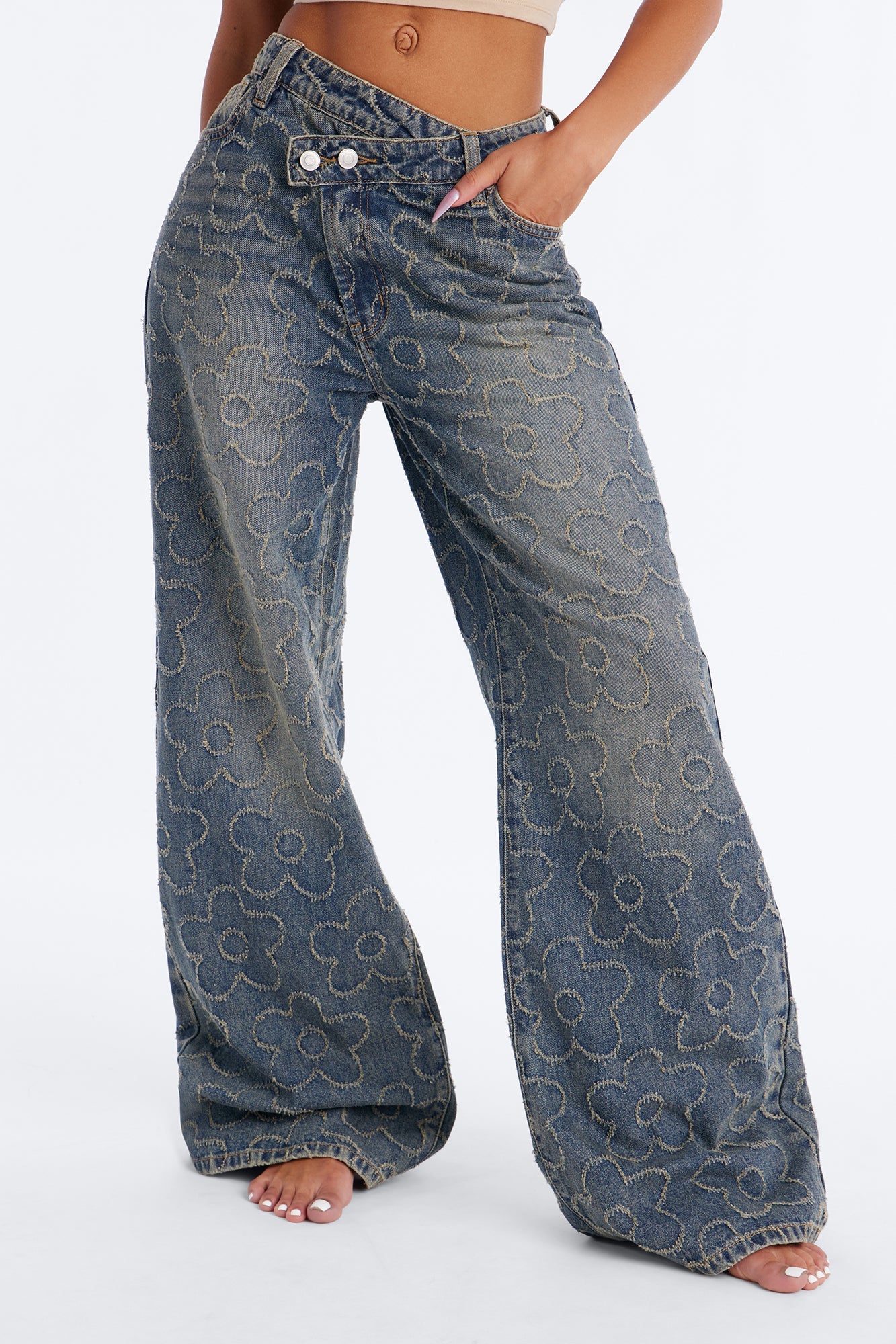 Flower Power Crossover Wide Leg Jeans - Vintage Wash