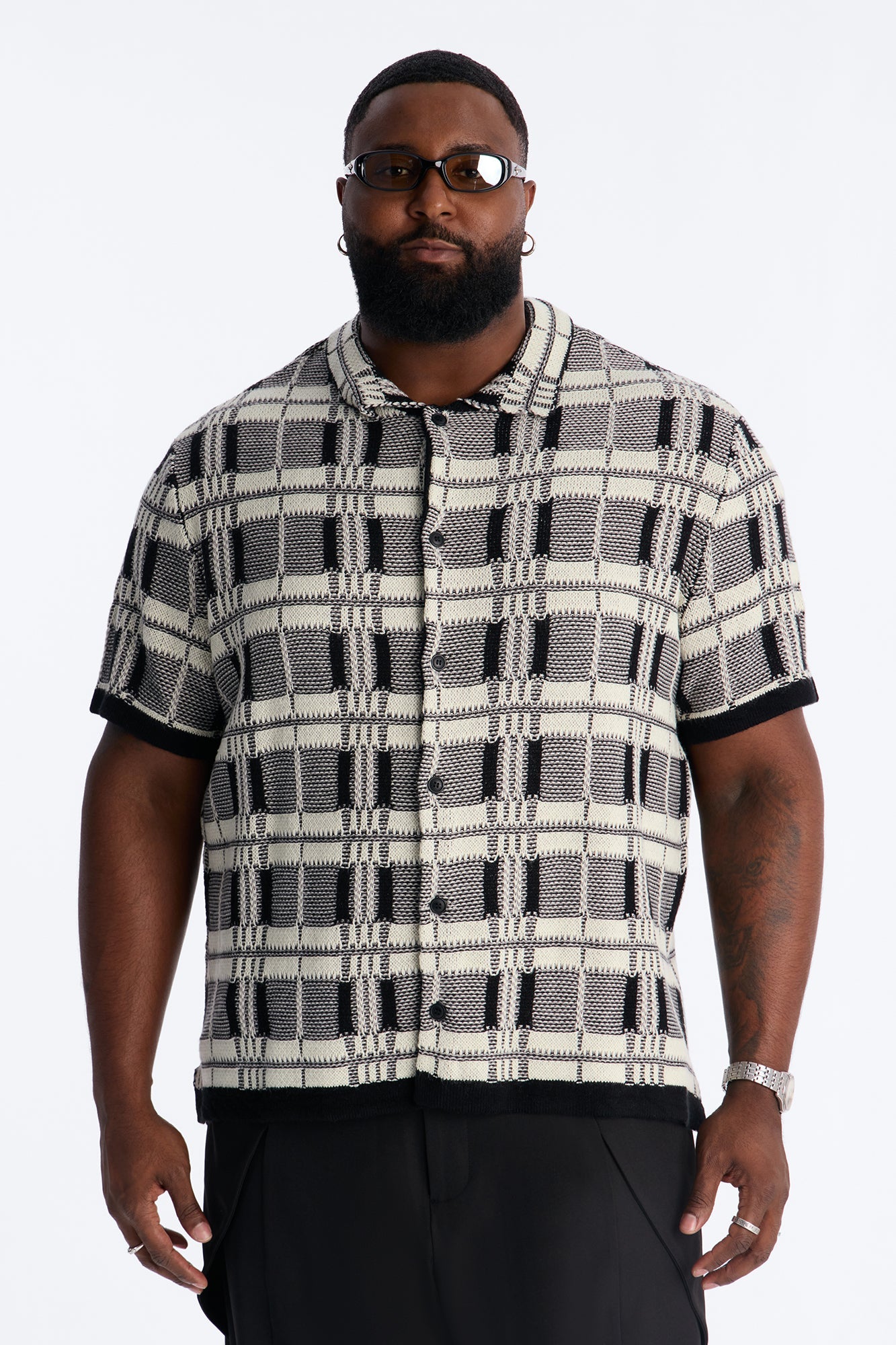 Crosshatch Closed Collar Button Up Shirt - Black