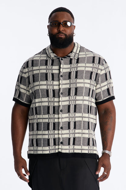 Crosshatch Closed Collar Button Up Shirt - Black