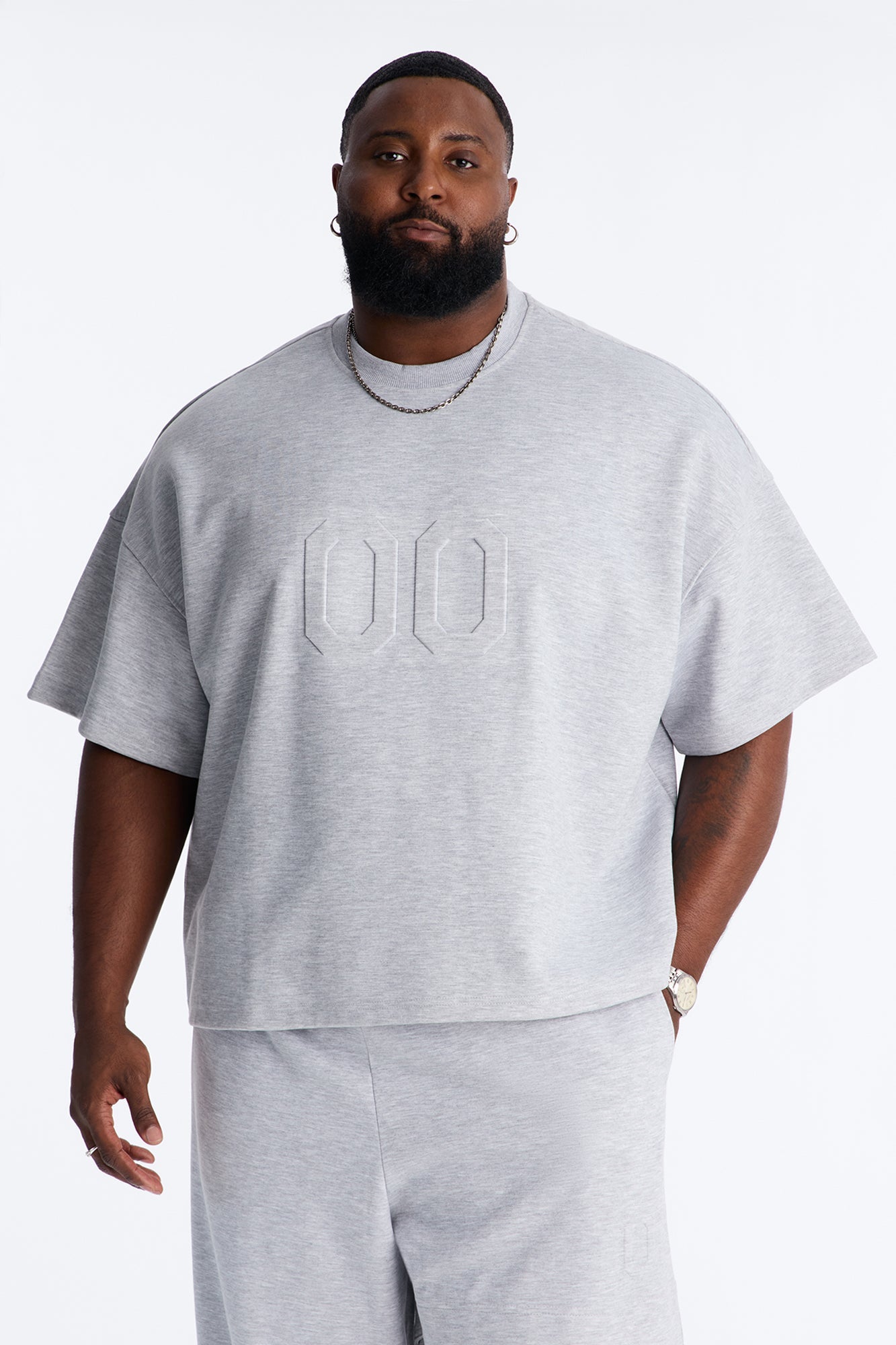 Structured Fleece Embossed Number Tee - Heather Grey