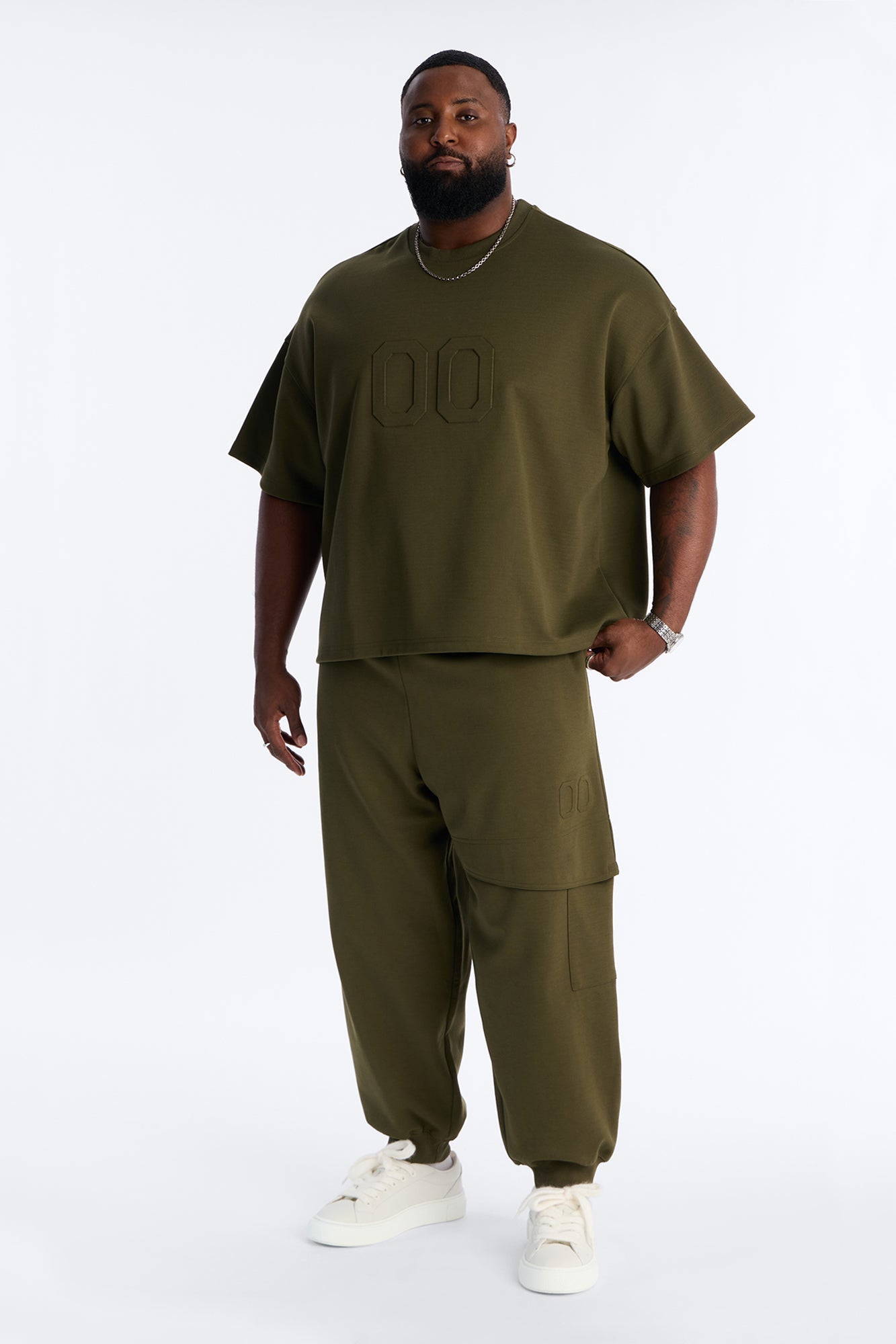 Structured Fleece Embossed Cargo Joggers - Olive