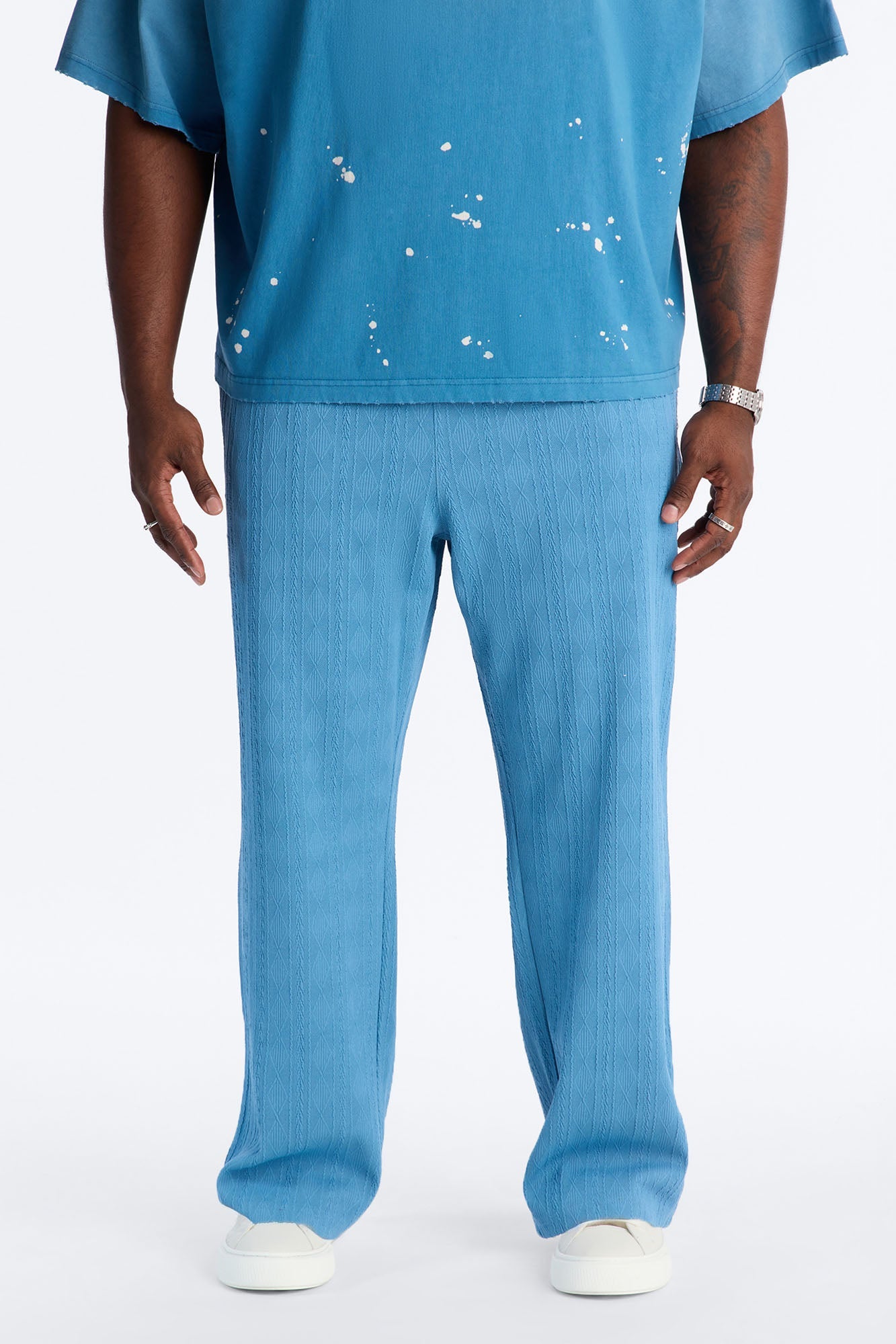 Straight Cable Knit Textured Stitched Pant - Blue