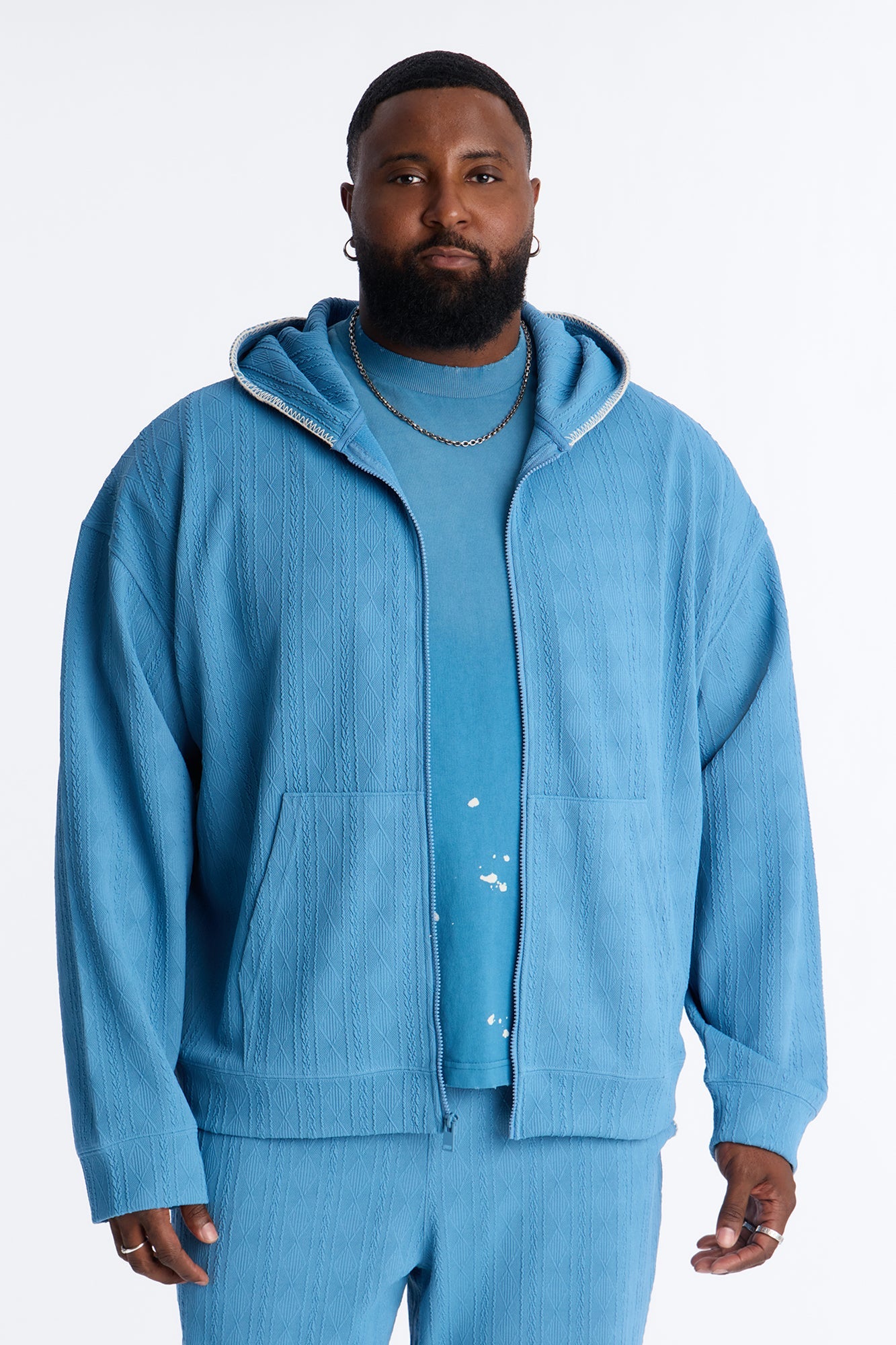 Cable Knit Textured Stitched Hooded Jacket - Blue