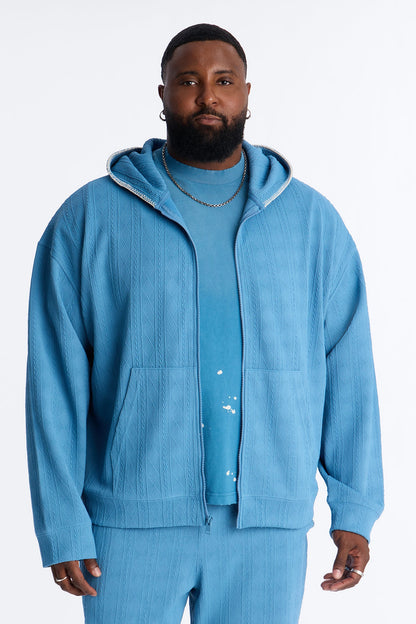 Cable Knit Textured Stitched Hooded Jacket - Blue