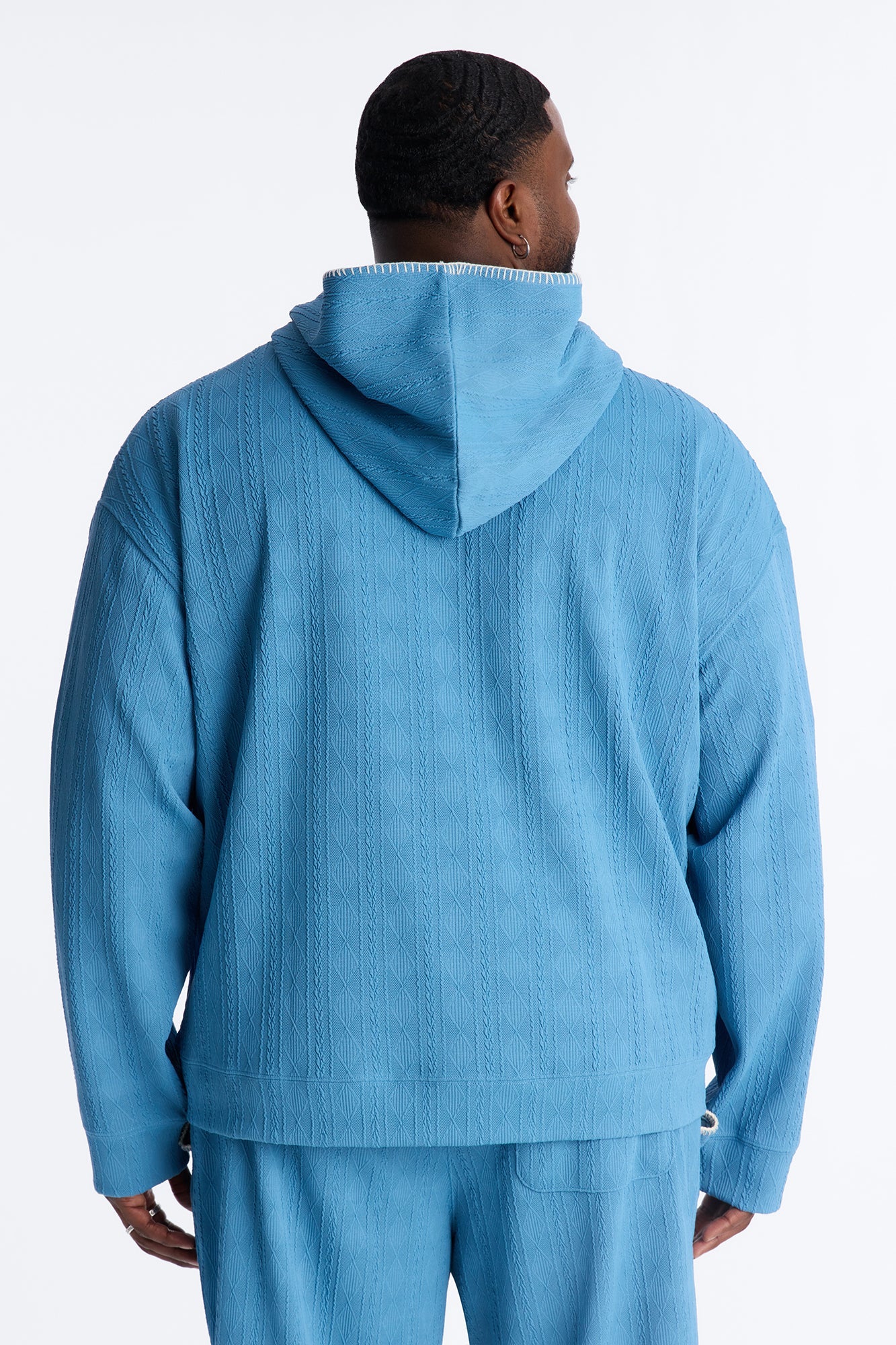 Cable Knit Textured Stitched Hooded Jacket - Blue