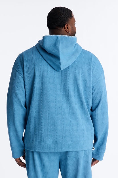Cable Knit Textured Stitched Hooded Jacket - Blue