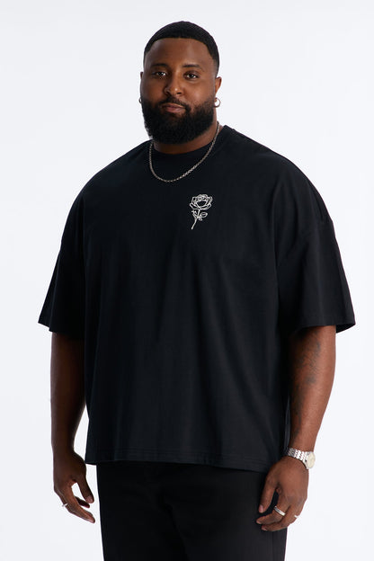 Premium Rose Embroidered Oversized Short Sleeve Tee - Black