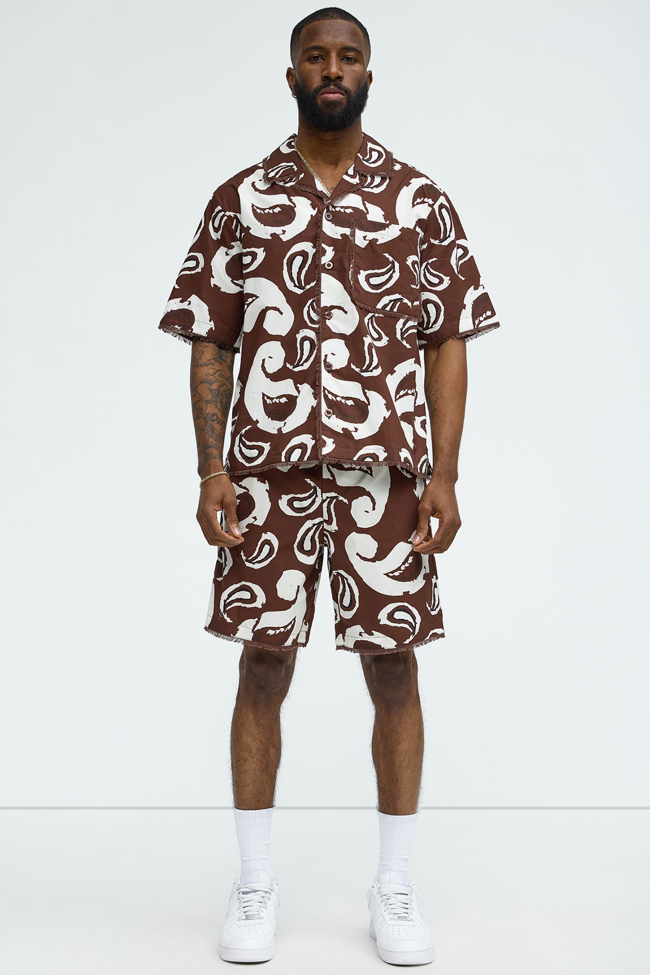 Paisley Print Frayed Shorts - Brown/combo