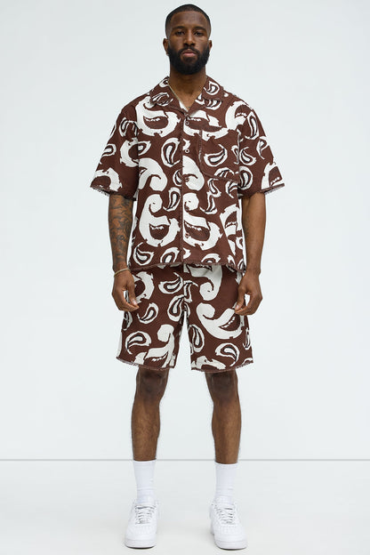 Paisley Print Frayed Shorts - Brown/combo