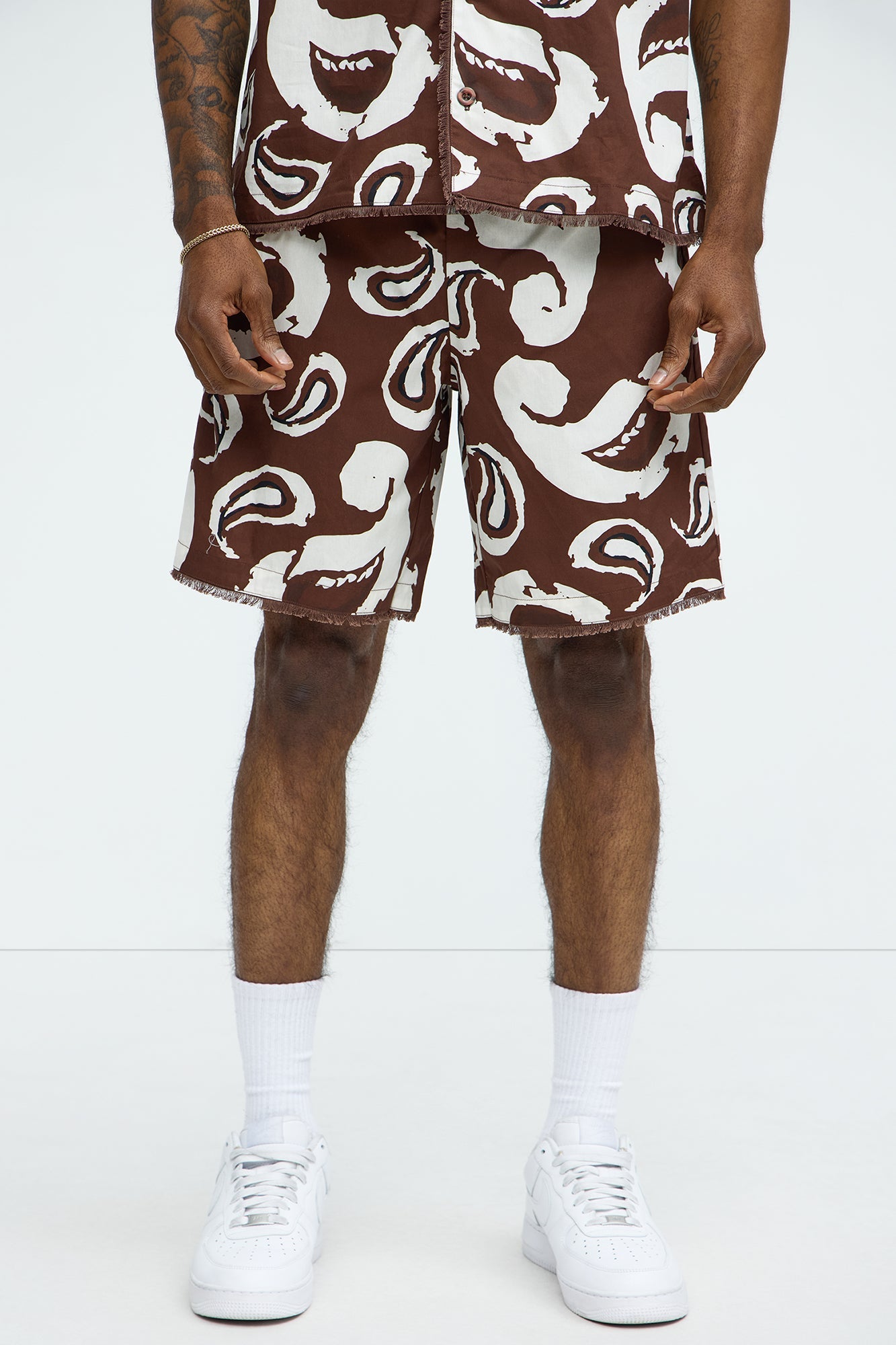 Paisley Print Frayed Shorts - Brown/combo