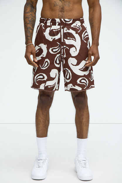 Paisley Print Frayed Shorts - Brown/combo