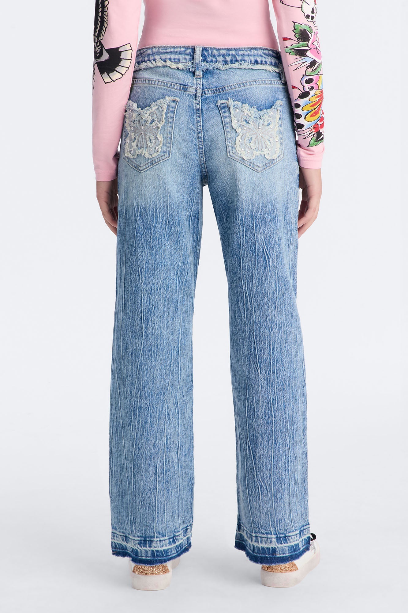 Mini Fly Away Butterfly Wideleg Jeans - Light Wash
