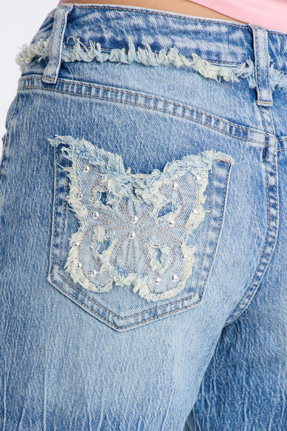 Mini Fly Away Butterfly Wideleg Jeans - Light Wash