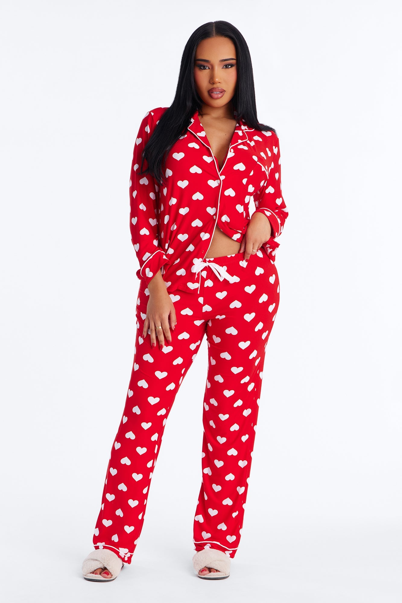 Heart Skips A Beat Long Sleeve PJ Pant Set - Red/White