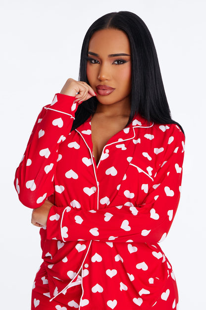 Heart Skips A Beat Long Sleeve PJ Pant Set - Red/White