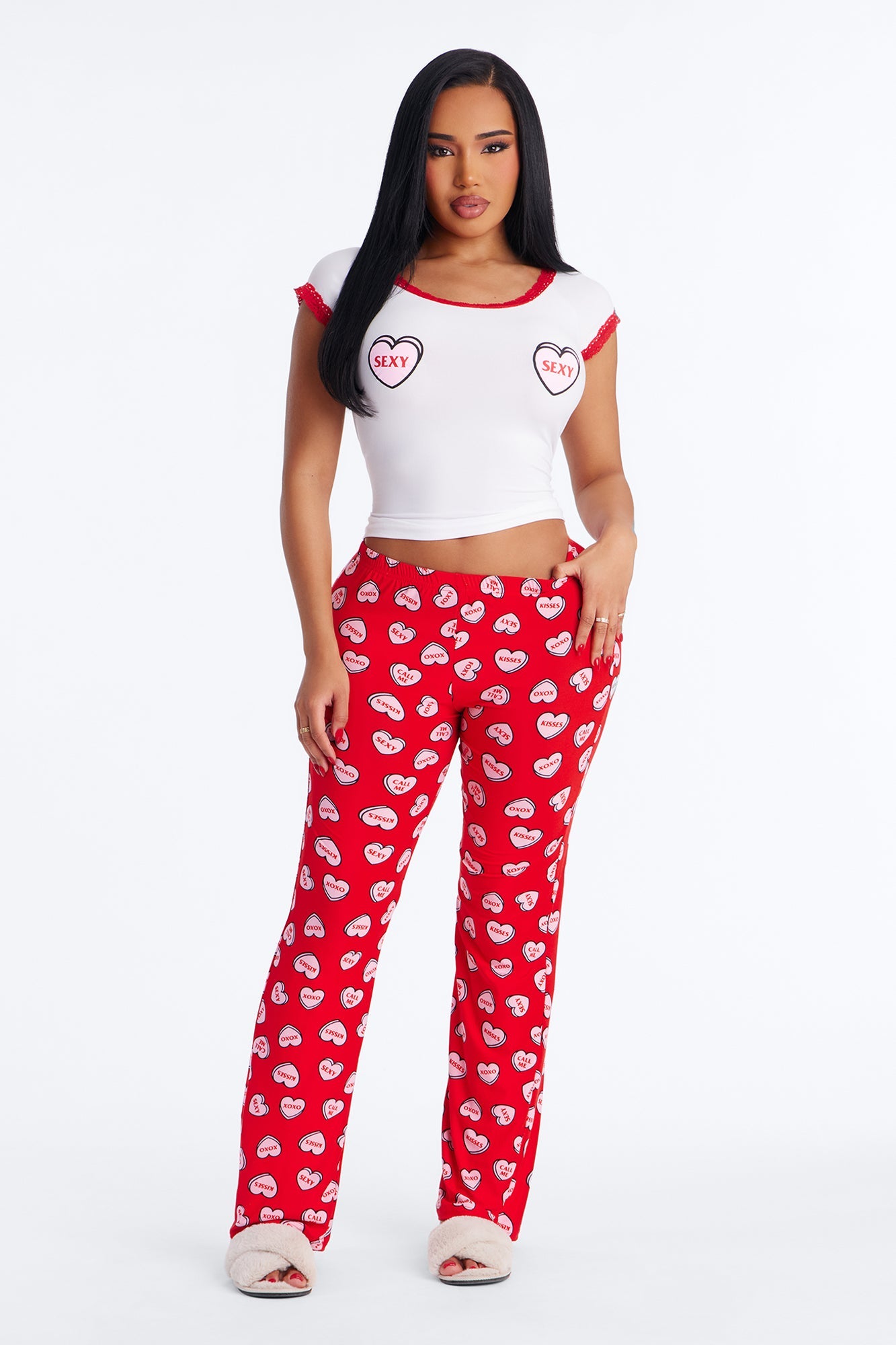 Candy Hearts Short Sleeve PJ Pant Set - Red/White