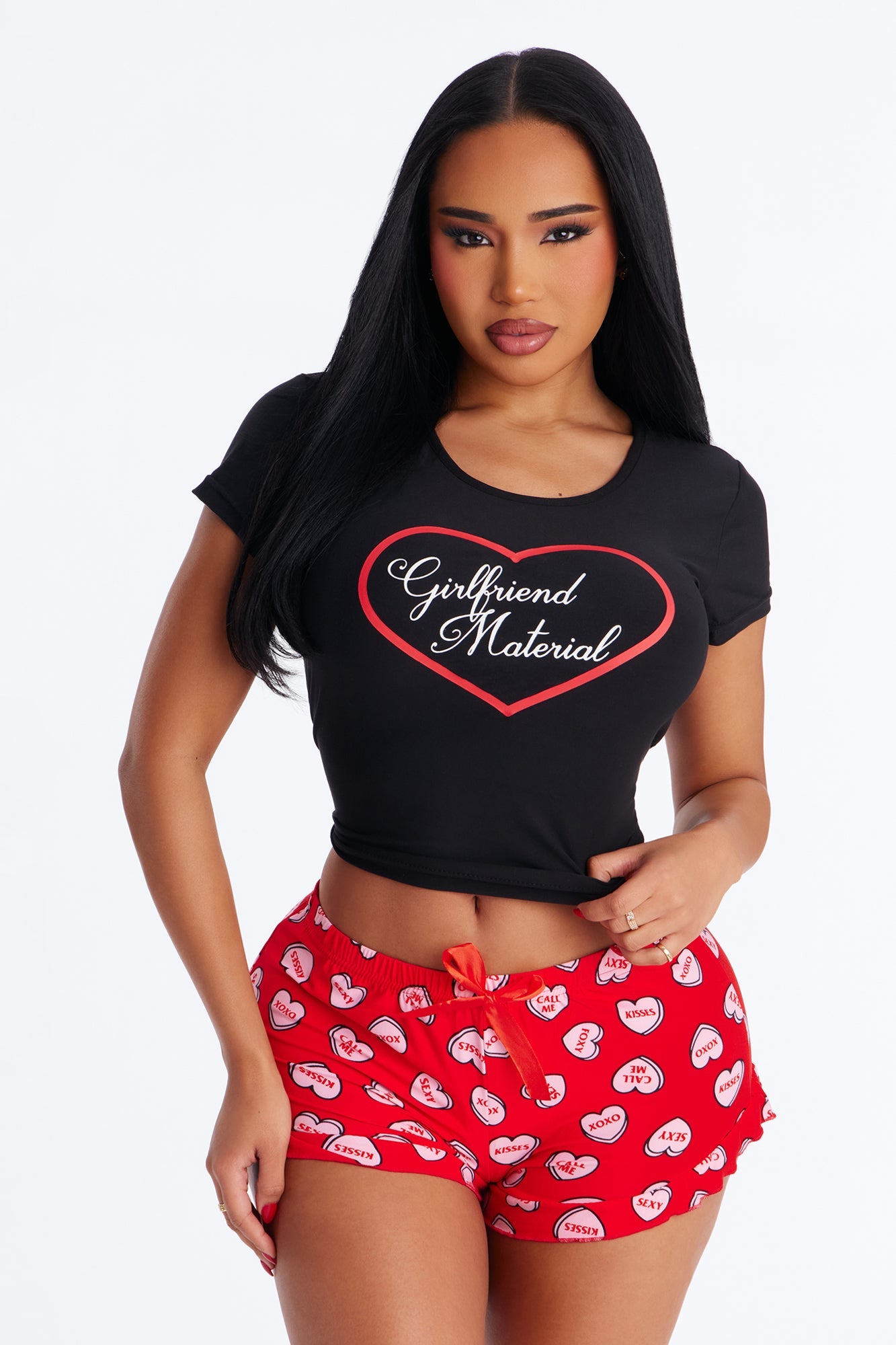 Girlfriend Material Short Sleeve PJ Short Set - Black/Red