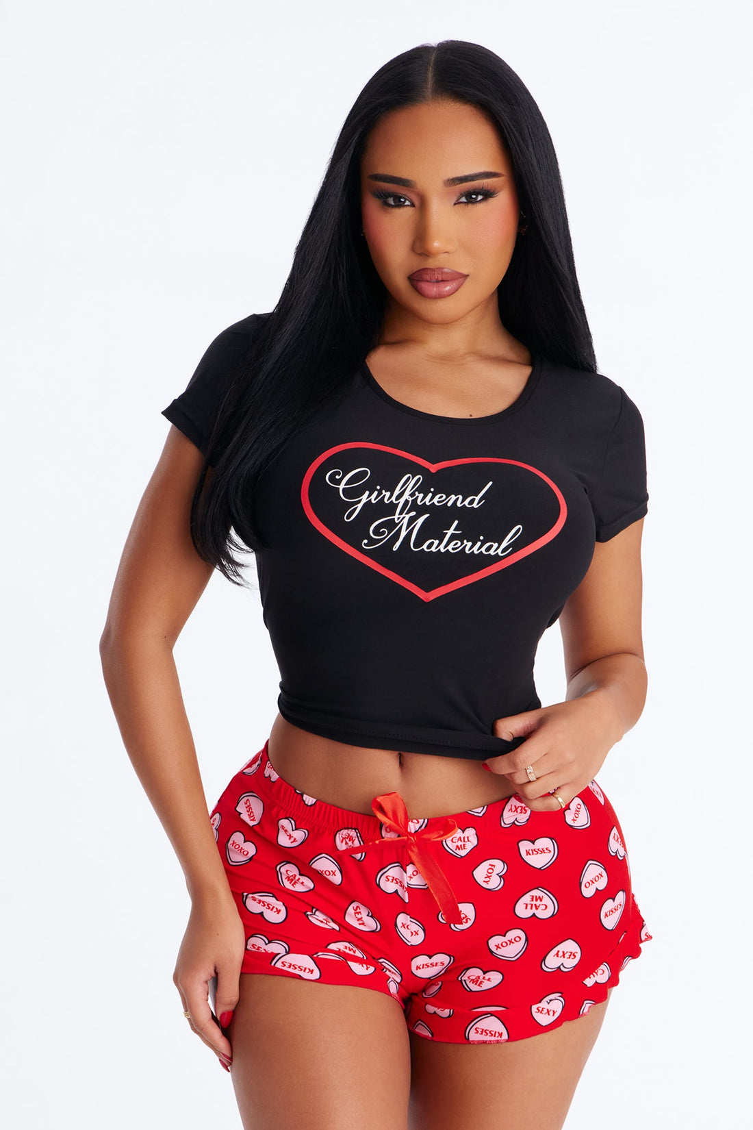 Girlfriend Material Short Sleeve PJ Short Set - Black/Red