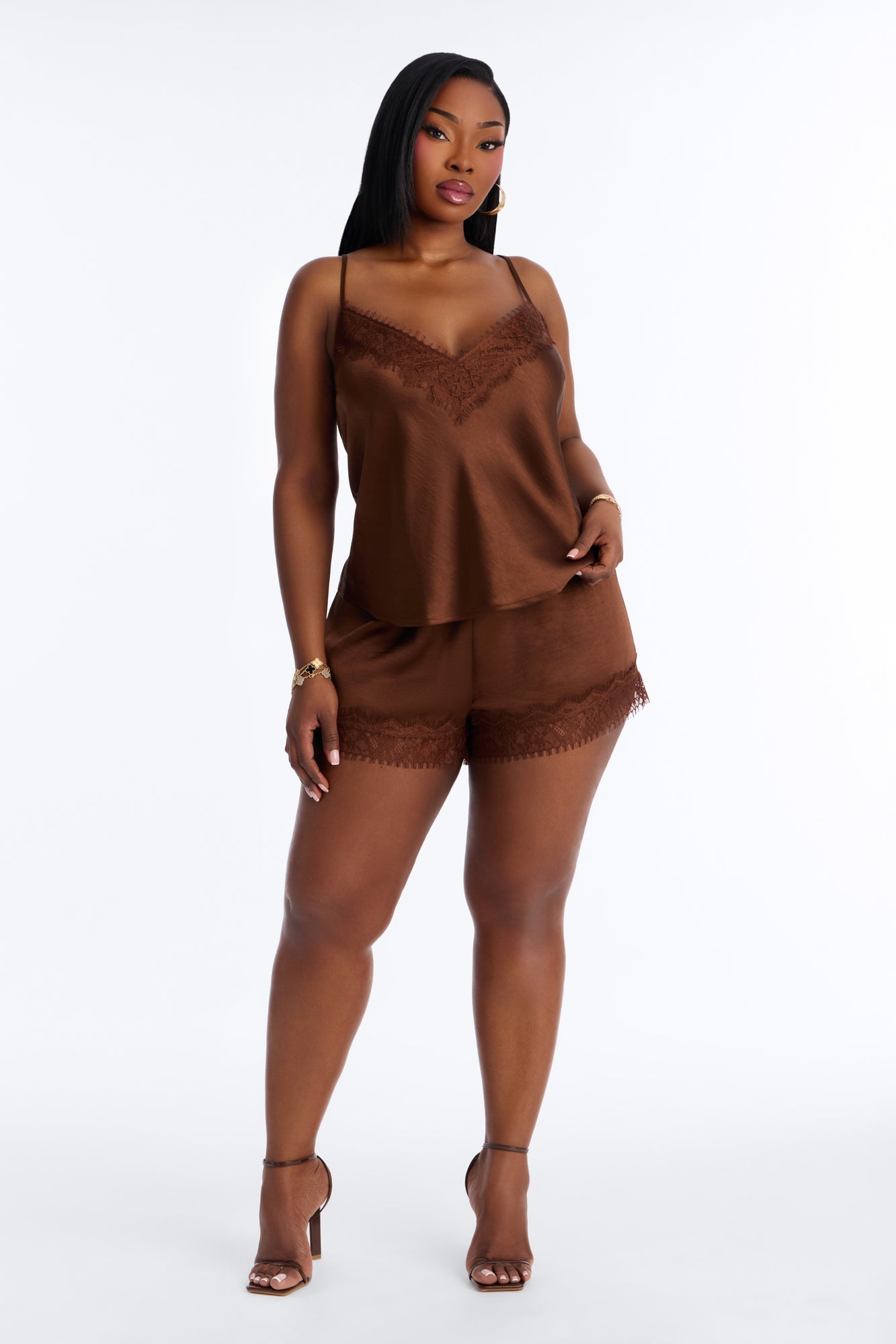 Romance Me Satin Lace Trim Short - Brown