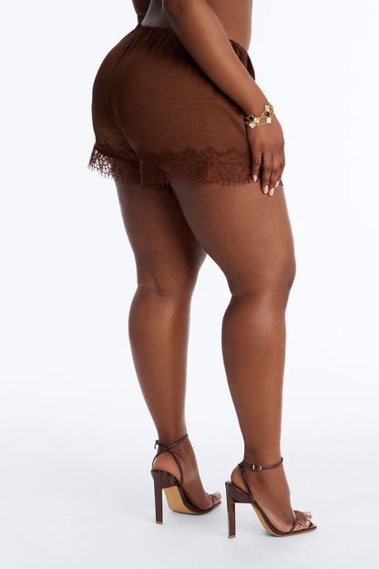 Romance Me Satin Lace Trim Short - Brown
