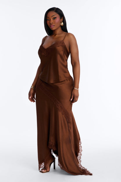 Romance Me Satin Lace Trim Midi Skirt - Brown