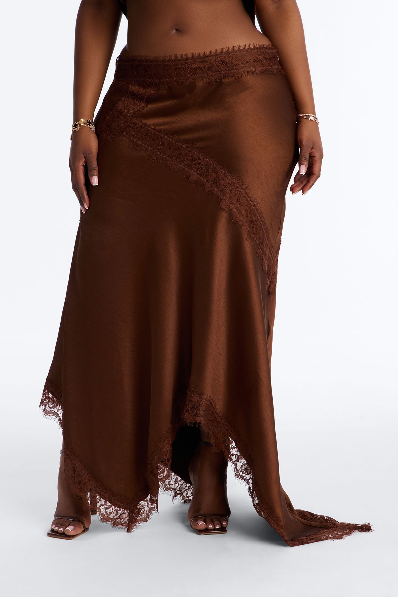 Romance Me Satin Lace Trim Midi Skirt - Brown