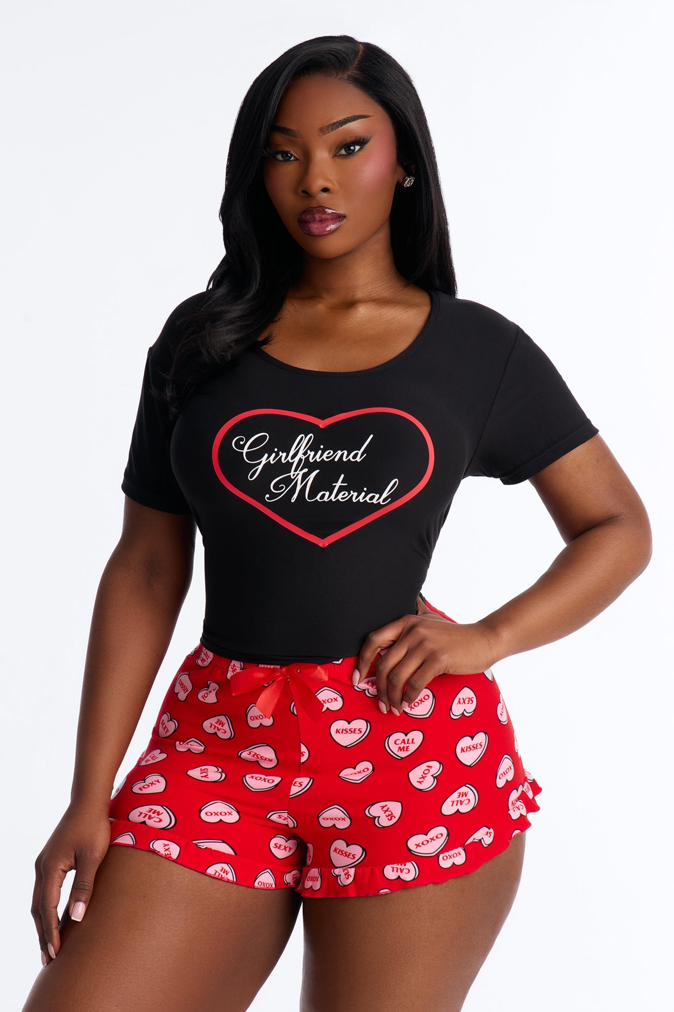 Girlfriend Material Short Sleeve PJ Short Set - Black/Red