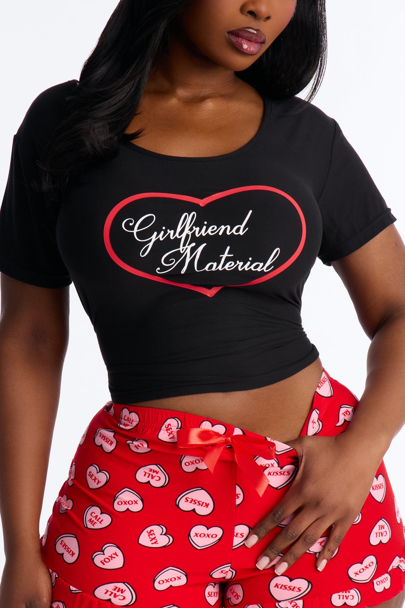 Girlfriend Material Short Sleeve PJ Short Set - Black/Red