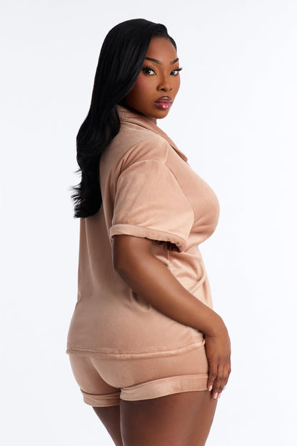 Cozy Moments Velour Short Sleeve PJ Short Set - Mocha