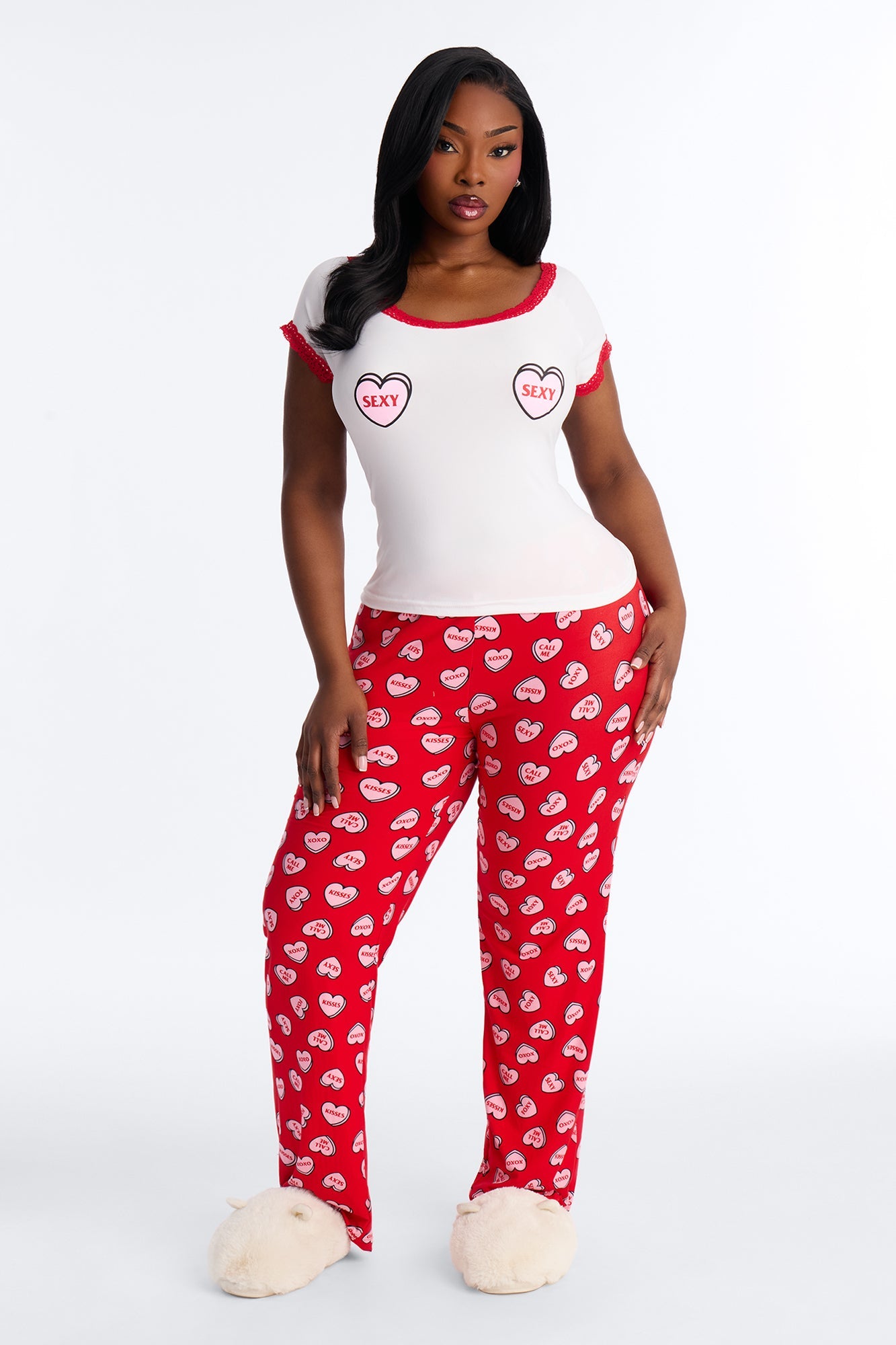 Candy Hearts Short Sleeve PJ Pant Set - Red/White