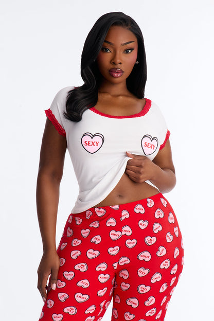 Candy Hearts Short Sleeve PJ Pant Set - Red/White