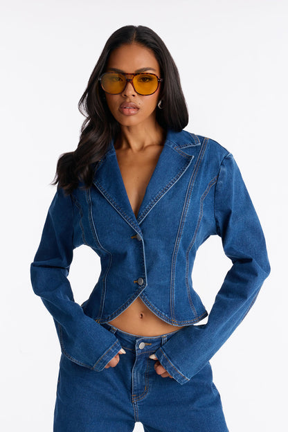 Kasey Denim Blazer Pant Set - Blue Wash