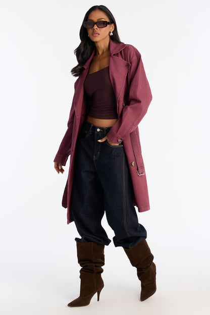 Austine Coated Denim Trench Coat - Red