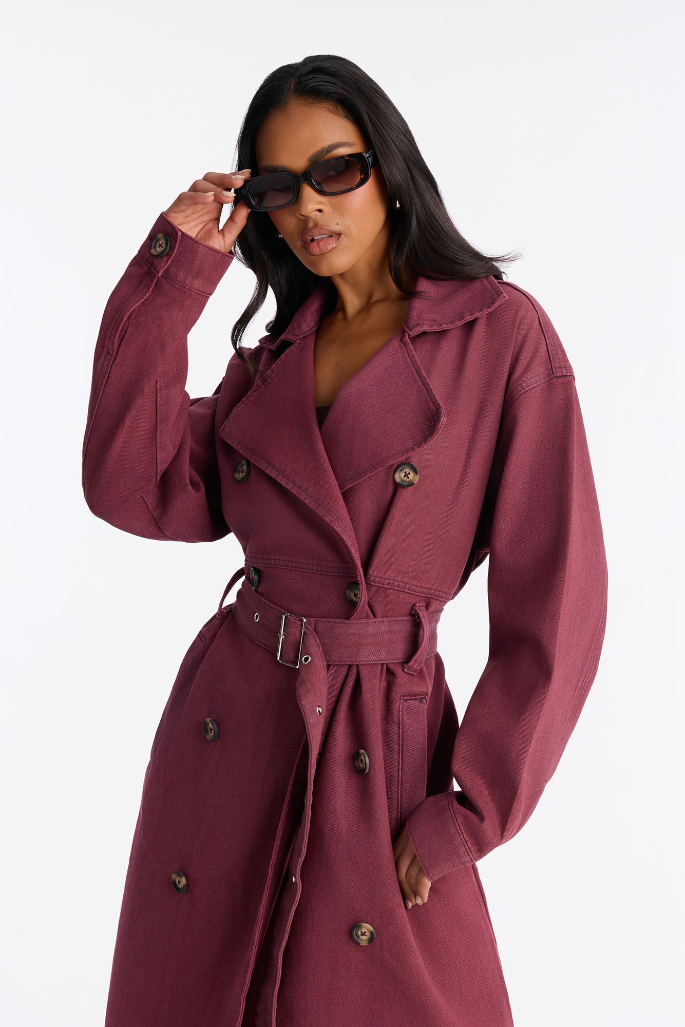 Austine Coated Denim Trench Coat - Red