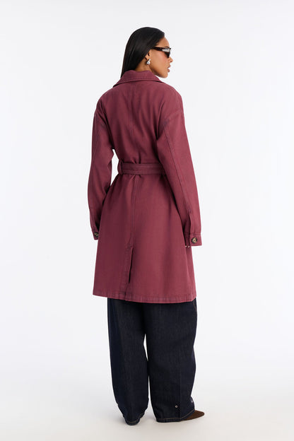 Austine Coated Denim Trench Coat - Red