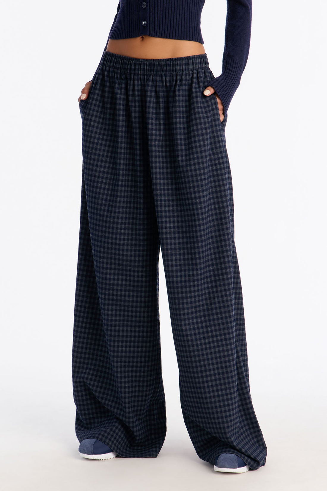 Clover Gingham Boxer Wide Leg Pant 33″ - Navy