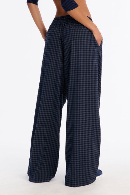 Clover Gingham Boxer Wide Leg Pant 33″ - Navy