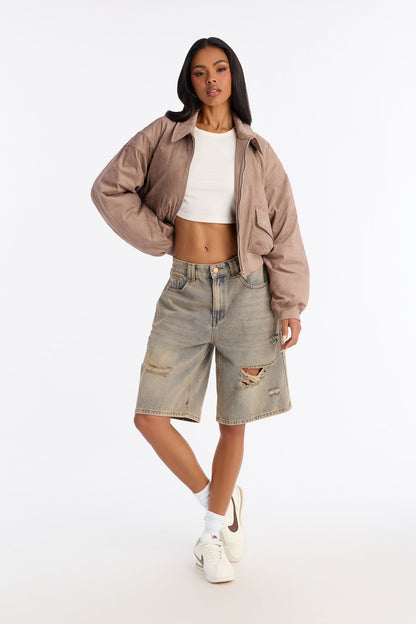 Jessica Cropped Faux Suede Bomber Jacket - Stone