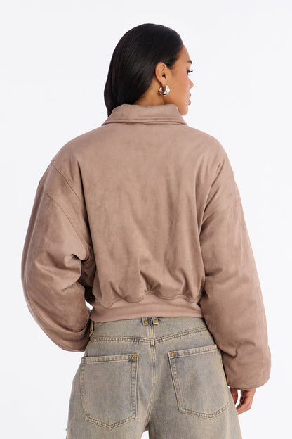 Jessica Cropped Faux Suede Bomber Jacket - Stone