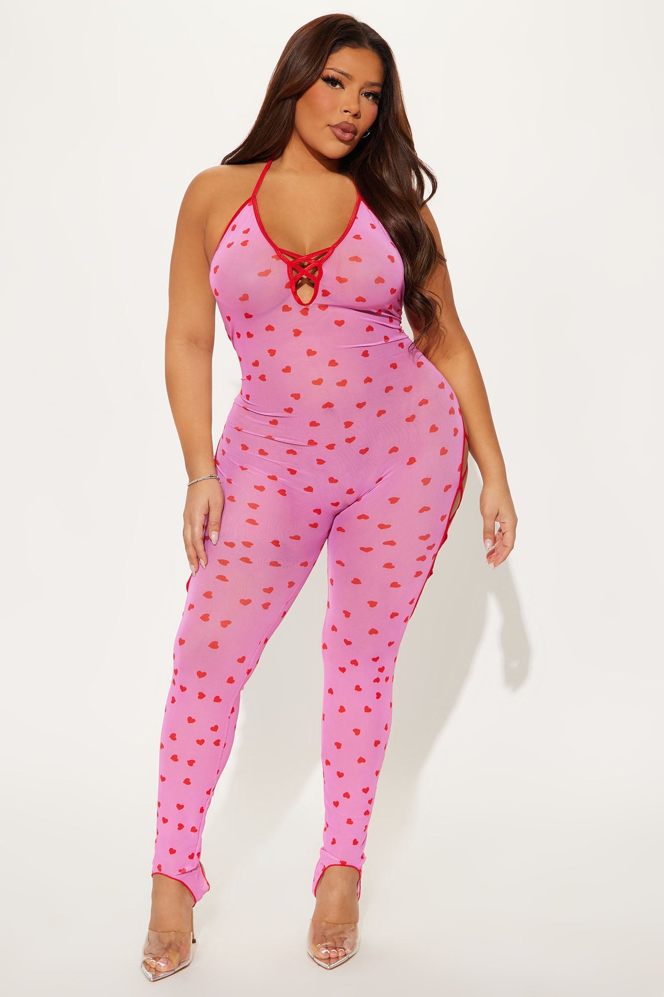 Kayla Heart Throb Mesh Bodystocking - Pink/combo