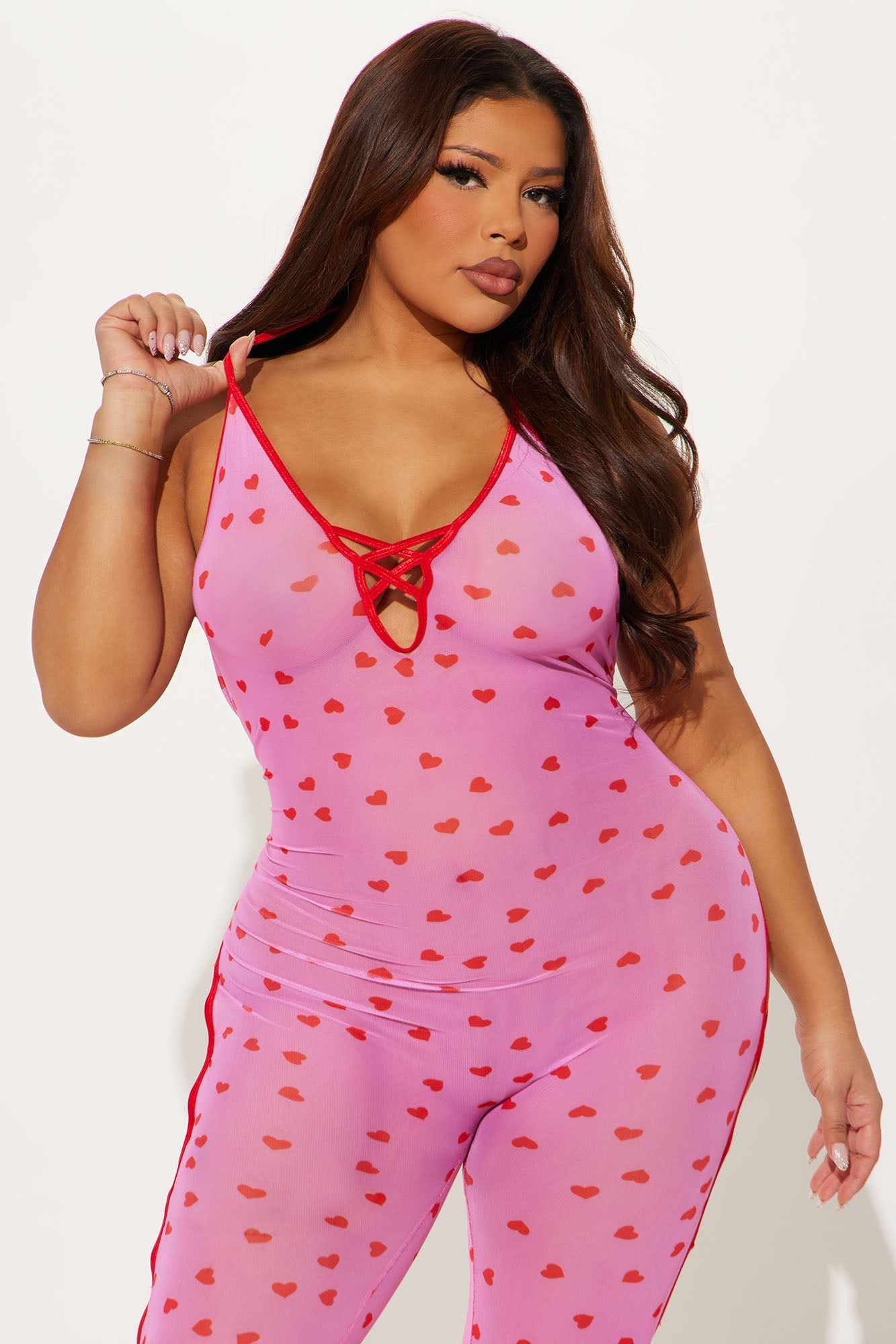 Kayla Heart Throb Mesh Bodystocking - Pink/combo