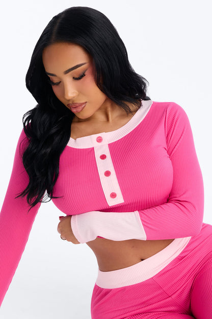 Still Napping Ribbed Long Sleeve PJ Pant Set - Hot Pink