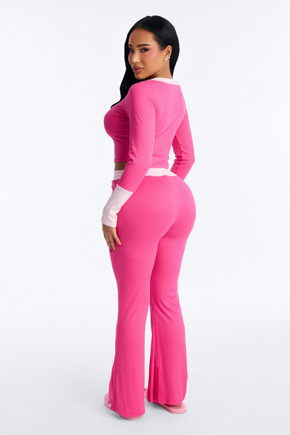 Still Napping Ribbed Long Sleeve PJ Pant Set - Hot Pink