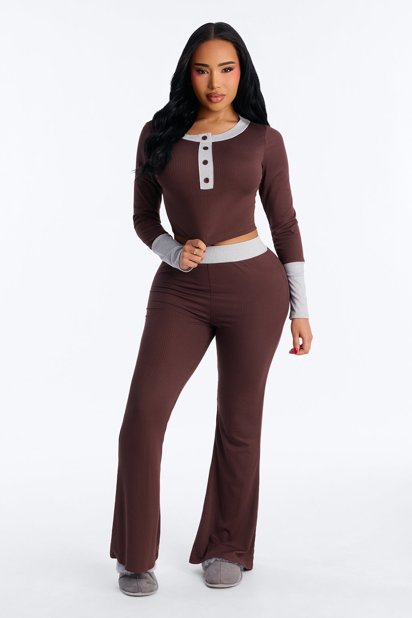Still Napping Ribbed Long Sleeve PJ Pant Set - Chocolate