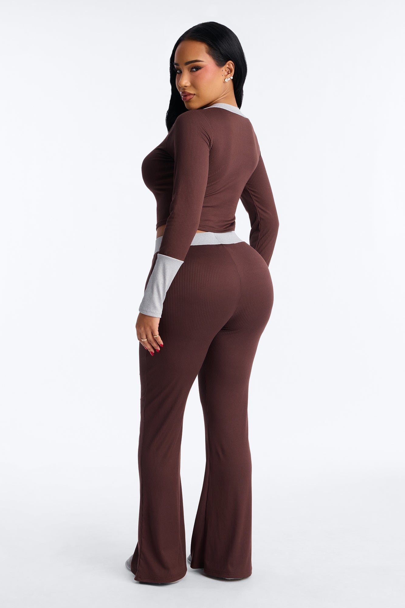 Still Napping Ribbed Long Sleeve PJ Pant Set - Chocolate